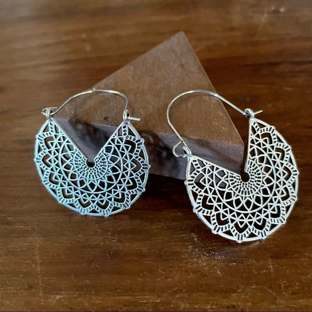 Silver Basketweave Hoop Earrings - Picture 2 of 10